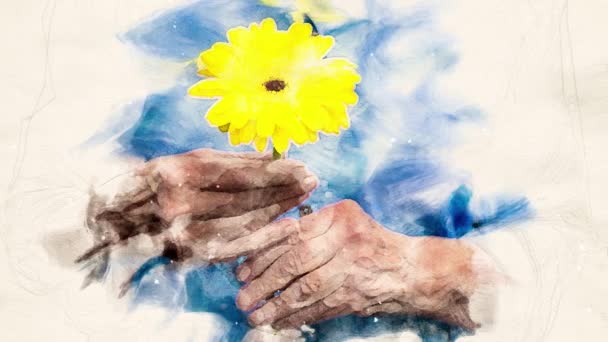Κινηματογράφος Από Ηλικιωμένες Γυναίκες Χέρι Κρατώντας Ένα Κίτρινο Λουλούδι Στυλ — Αρχείο Βίντεο
