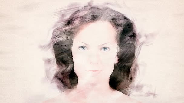 動く髪と水彩風の女性の肖像画のシネマグラフ — ストック動画