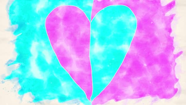 水彩画で青とピンクの動くハートのアニメーション — ストック動画