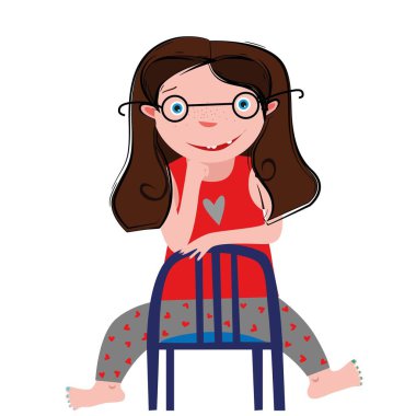 Kız bir sandalyede oturuyor. Beyaz arkaplan