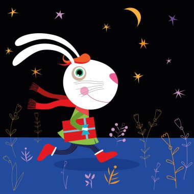 Yıldızlı gökyüzünün arka planında bir hediye olan beyaz tavşan