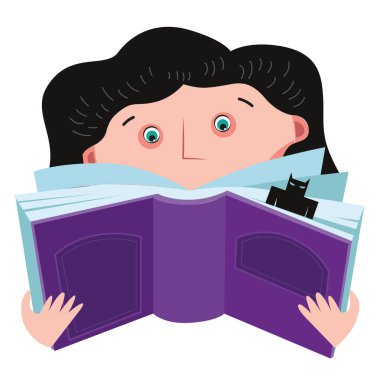 Kız beyaz arka plan üzerine bir kitap okuyor.