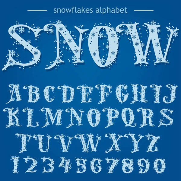 Copos de nieve Alfabeto, fuente de Navidad, letras y números sobre fondo azul. Vector — Archivo Imágenes Vectoriales