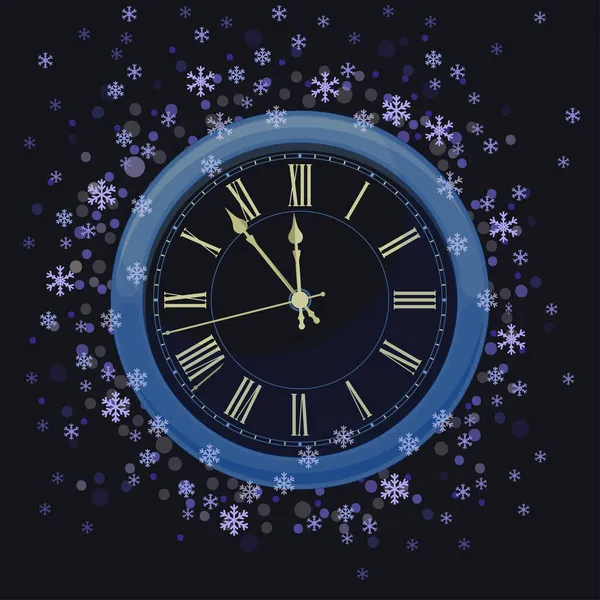 Orologio di Capodanno su uno sfondo magico incandescente. Vettore — Vettoriale Stock
