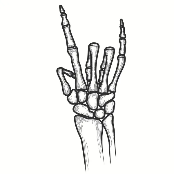 Segno delle corna. Le ossa della mano. Gesto della mano dello scheletro umano. Illustrazione medica Vettore — Vettoriale Stock