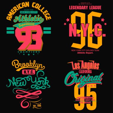 Tişört pulu grafiksel set. Spor giysisi tipografi amblemi