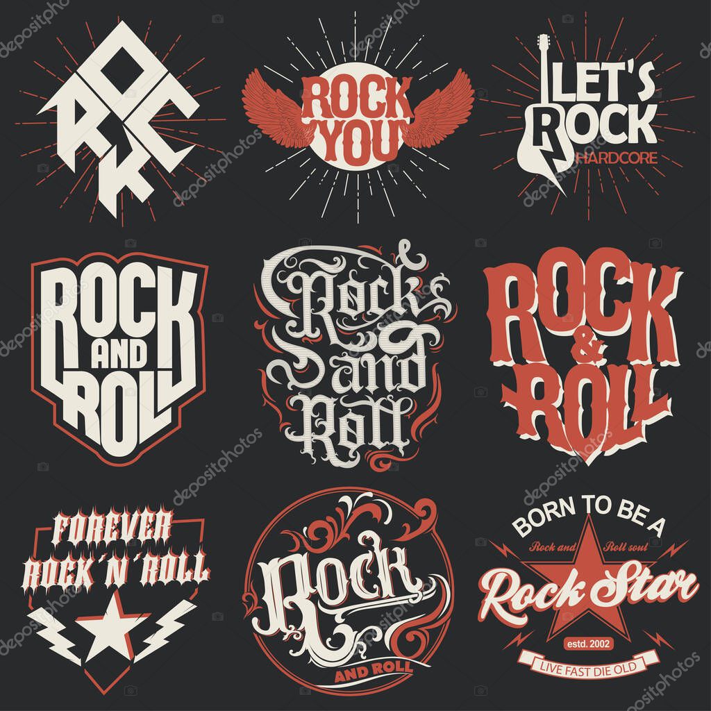 Rock and Roll t-shirt print set. Rock Star lettering for card, poster, hipster retro badge. Vector
