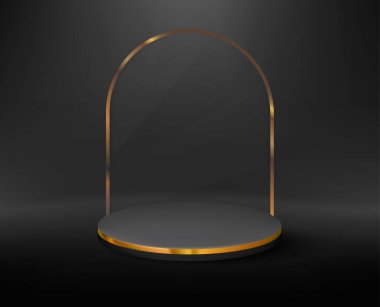 Siyah sahne üzerinde yuvarlak sahne, ışık, siyah sahne, boş kaide, boş şablon maketi ile aydınlatılmış ürün sunumu podyumu. vektör