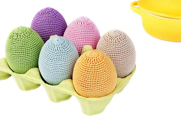Colorful crocheted eggs in a box — Stock Photo, Image