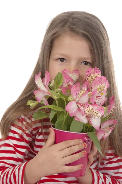Linda chica a la edad de cinco años con flores rosadas — Foto de Stock