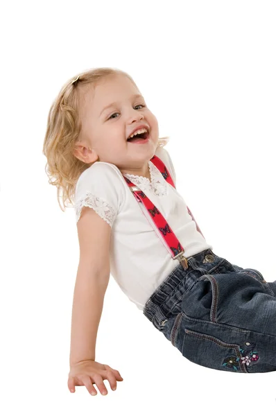 Happy little fashion model on white background — Stock Photo, Image