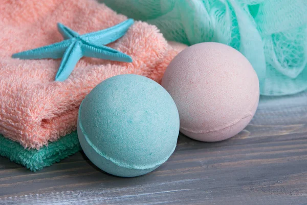 Aroma Bath Bombs Spa Composition Candle Towels Copy Space Text — Stock Photo, Image