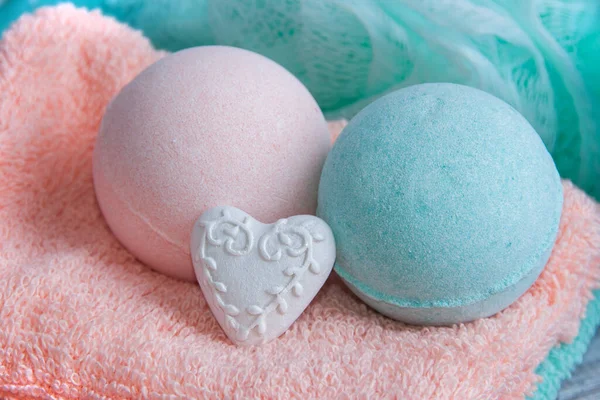 Aroma Bath Bombs Spa Composition Heart Towels Copy Space Text — Stock Photo, Image