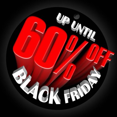 Etiket, simge ya da etikette% 60 indirim. Kara Cuma indirimli afişi. Beyaz ve kırmızı harfli balon 3D indirimli rozet tasarımı