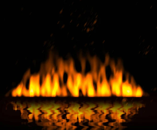 Feuerflammen Auf Schwarzem Hintergrund Mit Reflexion Wasser — Stockfoto