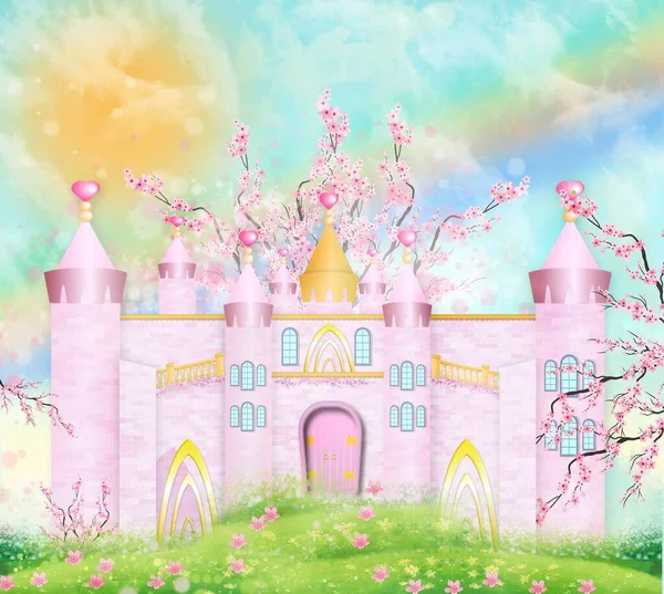 在阳光灿烂的日子里 森林里一座粉色城堡的图画 免版税图库照片