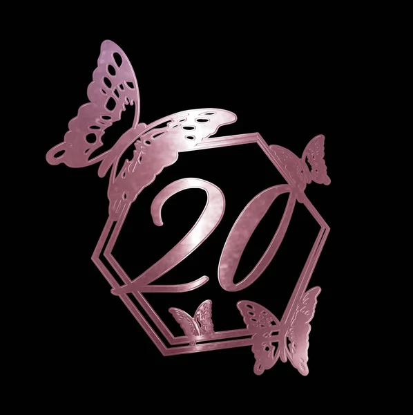3D插图20号玫瑰金与蝴蝶生日 — 图库照片