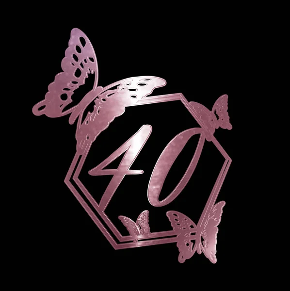 3D插图40号玫瑰金与蝴蝶生日 — 图库照片