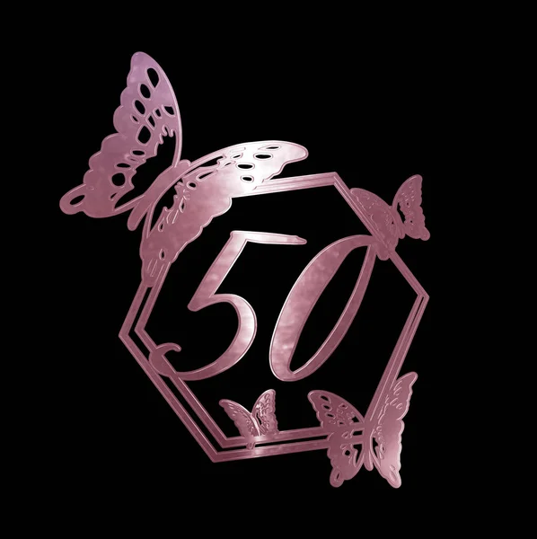 三维插图50号有蝴蝶生日的玫瑰金 — 图库照片
