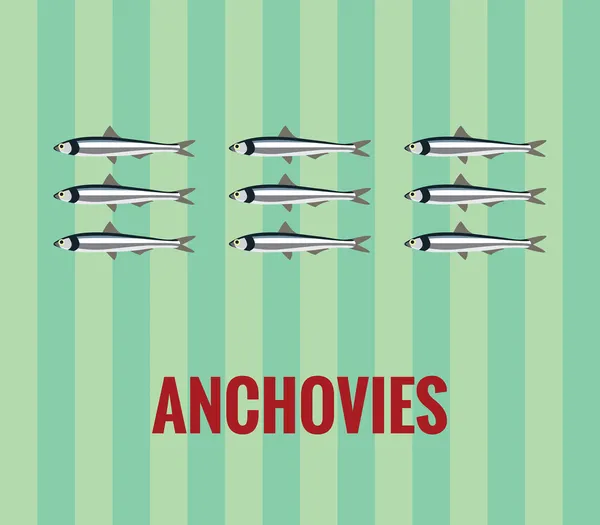 Desenho redimensionável vetorial de anchovas em fundo verde . — Vetor de Stock