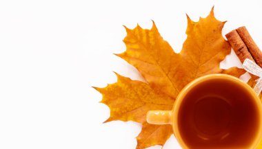 Akçaağaç yaprağında seramik bir fincan çay ve bir parça tarçın. Yakın plan. Kopyalayacak bir yeri olan beyaz bir arka plan. Mevsimsel ısınma içecekleri.