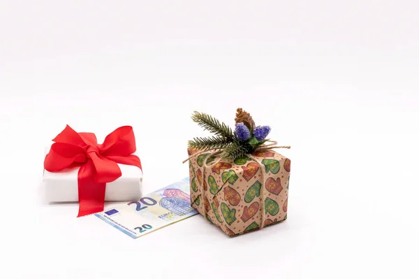 Las Cajas Regalo Están Decoradas Con Una Rama Abeto Una — Foto de Stock