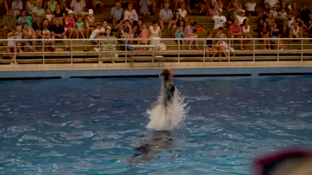 トルコのAlanya 9月11 2021 ボトルネックイルカに乗っている間に立っている女の子は エンターテイメントショーでのパフォーマンス中にプールでいくつかの緊急ダイブを取ることから飛び降りる — ストック動画