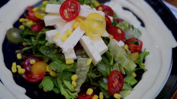 드레싱 토마토 옥수수 크라우 접시에 맛있는 채식주의자 샐러드 — 비디오