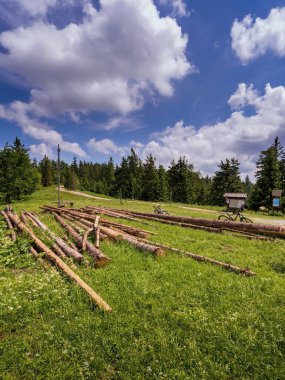 Prehyba yakınlarındaki Radziejowa Range 'de Beskid Sadecki' de bulunan mobil telefon kulesine karşı Polonya dağının yanında park etmiş ya da ağaç kesmiş bir bisiklet.