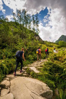 Zakopane, Polonya - 14 Ağustos 2021: Morskie Oko 'ya giden bir dağda yürüyüş yapan aile