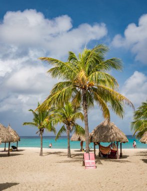 Güneşli bir günde barakalı tropik kumlu plaj