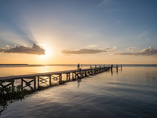 People Wooden Pier Beautiful Sunset Sea — стокове фото