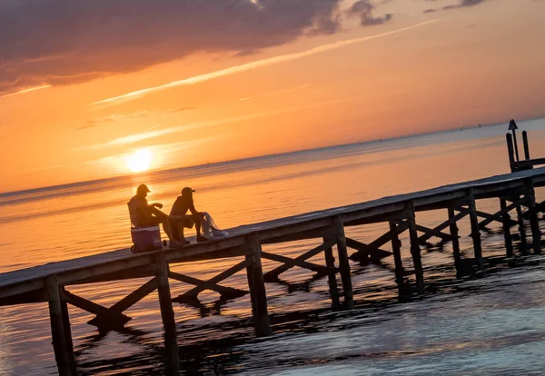 People Wooden Pier Beautiful Sunset Sea — стокове фото