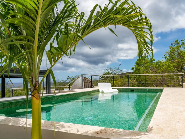 Luksusowy Hotel Resort Basen Palmami Błękitne Niebo — Zdjęcie stockowe