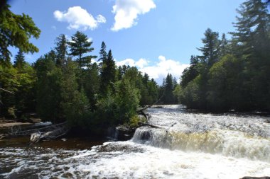 Tahquamenon Nehri, bulutlu gökyüzünün altında, çam ağaçlarıyla çevrili güzel bir yaz günüdür. Aşağı Şelale, Tahquamenon Şelalesi Parkı Michigan 'ın üst yarımadasındaki hızlı akan köpüklü suyla güneşli bir günde.  