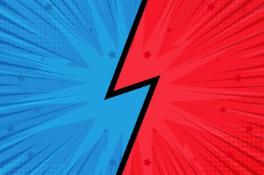 Vektöre karşı harfler çizgi roman tarzında kırmızı ve mavi arkaplan savaşır.