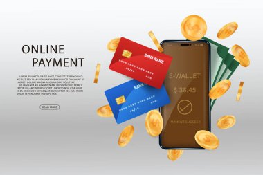 Çevrimiçi ödeme ve cüzdan konsepti. Çevrimiçi bankacılık uygulaması. Kredi kartıyla ödeme.