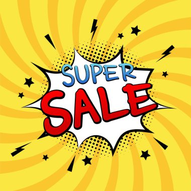 Vektör süper satış komik metin konuşma balonu. Renkli pop sanatının ses efekti. Klasik çizgi roman afişi arka planı..