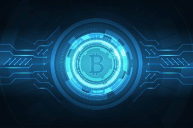 Vector cryptocurrency concept. Network data crypto security. Technology protection. Lock and dirduit board with blue light background.