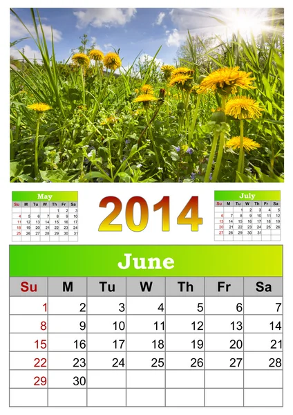 Calendário 2014. Junho . — Fotografia de Stock