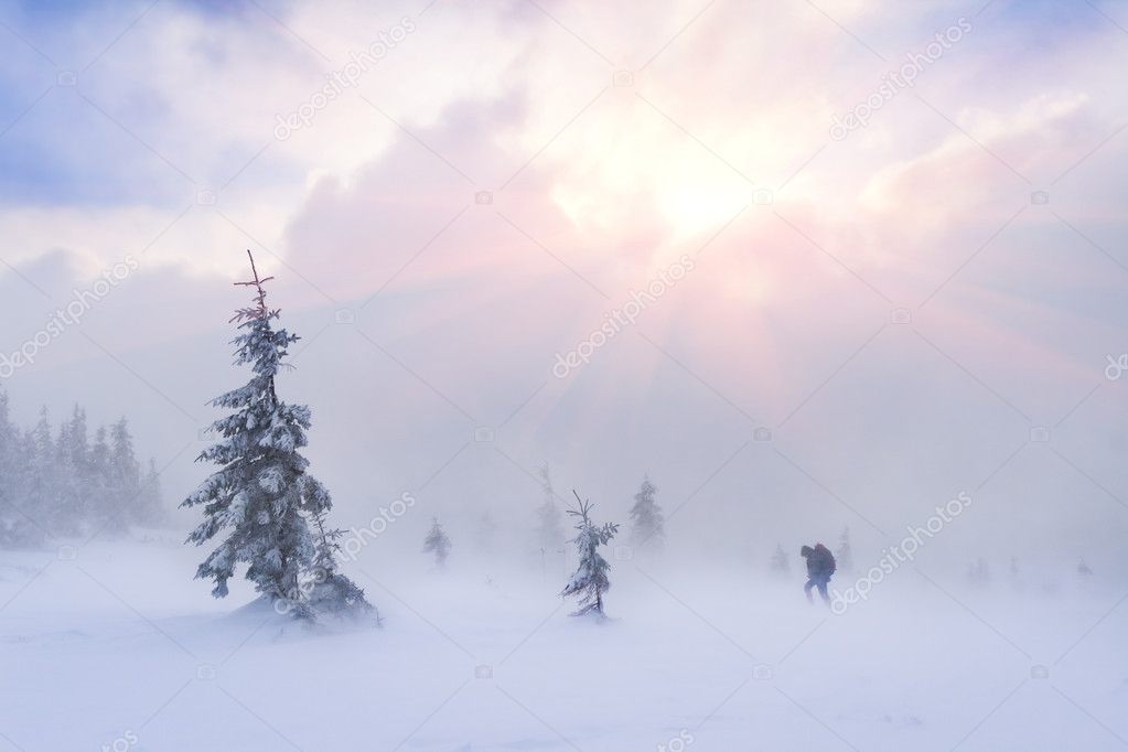 Tourists in the mountains at winter