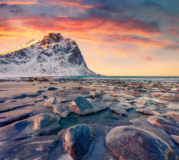华斯特湖豪克兰海滩多姿多彩的春景 洛福顿岛 欧洲的清晨美景 挪威海迷人的海景 自然美概念背景 — 图库照片