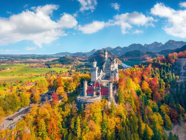 Aerial Landscape Photography Adorable Autumn View Flying Drone Neuschwanstein Castle — Stock Photo, Image
