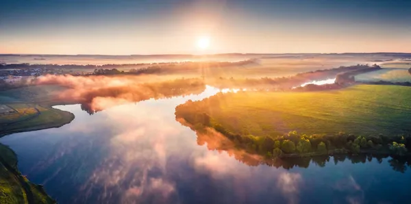 View Flying Drone Romanivka Lake Breathtaking Summer Scene Ukrainian Countryside — Stock Photo, Image