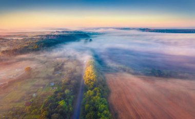 Ukrayna 'nın uçan insansız hava aracının buğday tarlası ve asfalt yolu ile renkli yaz manzarası. Ternopil kasabası, Ukrayna, Avrupa 'nın eteklerinde muhteşem bir gün doğumu. Seyahat konsepti arka planı