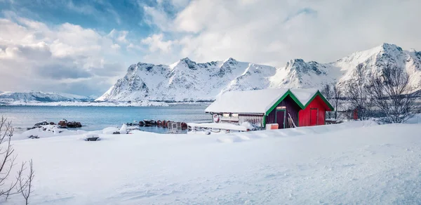 파노라마처럼 아침에 아름다운 베스타보니 이보입니다 겨울의 노르웨이 유럽의 로포텐 노르웨이 — 스톡 사진