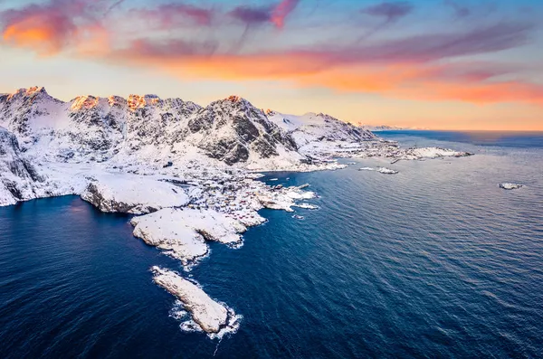 Majestätisk Vinter Utsikt Från Flygande Drönare Sydligaste Lofoten Öar Stad — Stockfoto