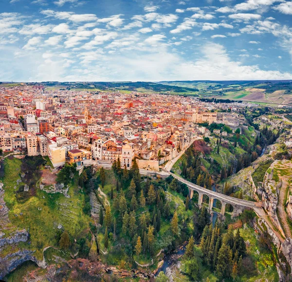 Vista Desde Avión Tripulado Paisaje Aéreo Matutino Gravina Puglia Tovn —  Fotos de Stock