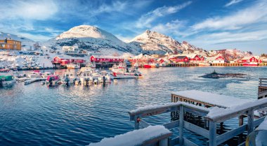 Güzel kış manzarası. Lofoten Adaları 'nın etkileyici sabah manzarası. Norveç, Avrupa 'nın Sorvagen şehrinin harika karlı manzarası. Norveç denizinin görkemli deniz manzarası.
