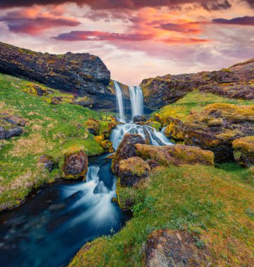 Güzel bir yaz manzarası. Koyun Şelalesi 'nde güzel bir yaz gündoğumu. İzlanda, Avrupa 'nın mükemmel sabah manzarası. Doğa konseptinin güzelliği.
